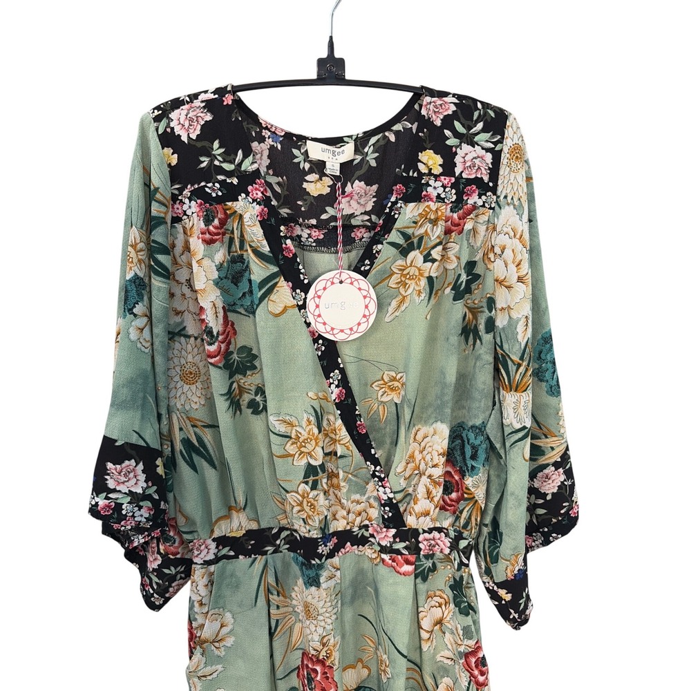 Umgee USA Floral Surplice Romper Sage Green Black Boho Kimono Sleeve Small G1543
